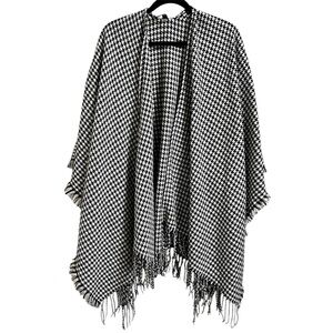 Lane Bryant Black and White Classic Houndstooth Layering Poncho Fringe One Size